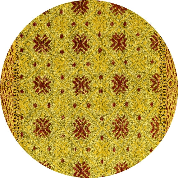 Ahgly Company Machine Washable Indoor Round Abstract Yellow Modern Area Rugs, 7' Round