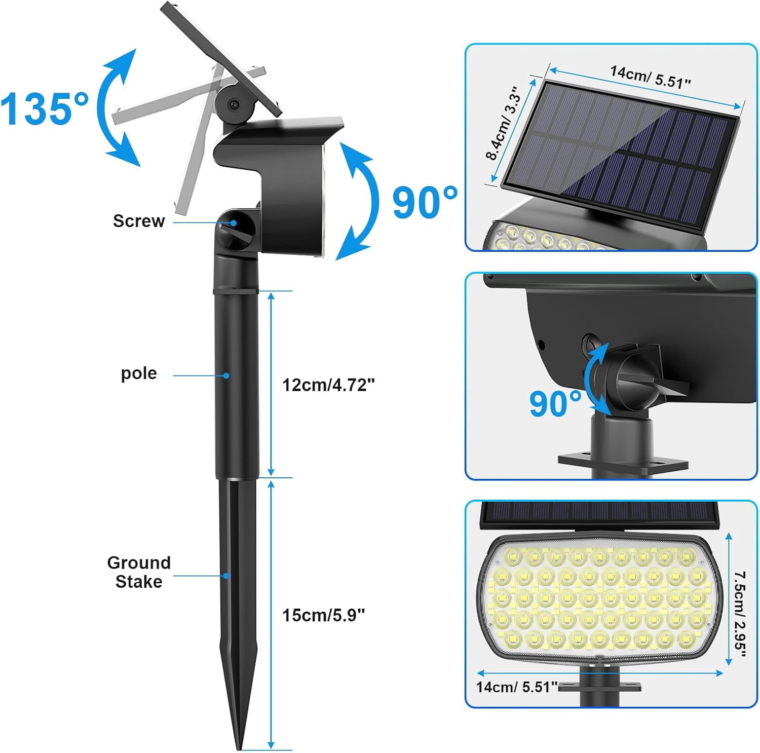 Solar Lights Outdoor, 4 pack 108 LED, IP65 Waterproof, 3 Modes, Large Solar Panel, Landscape Solar Spotlights for Garden, Yard, Pathway - Cool White