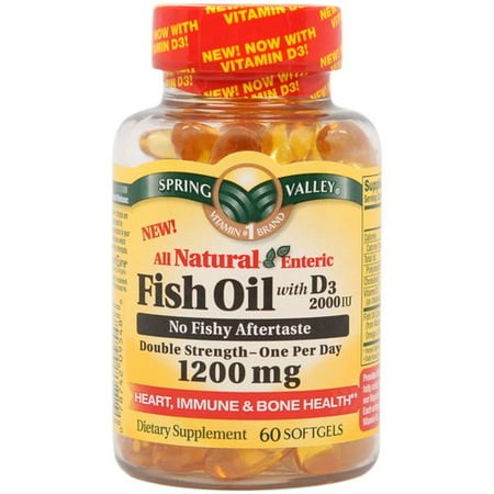 Spring Valley Enteric-Coated Fish Oil Omega-3 Plus Vitamin D3 Supplement, 1200mg, 60 Softgels