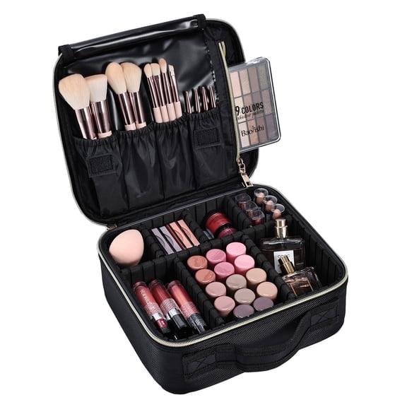 Travel Makeup Bag for Women Cosmetic Train Case Organizer with Adjustable Dividers, Black