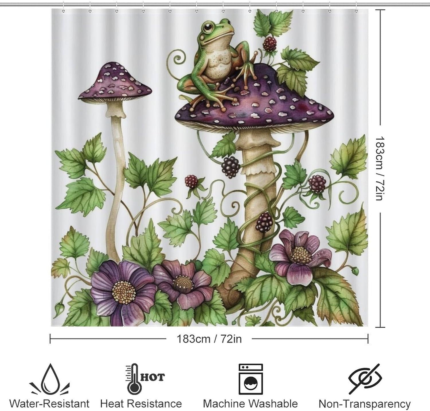 4Pcs Garden Mushroom Frog Shower Curtain Sets Bathroom Decor, Novelty Plant Floral Shower Curtain with Non Slip Rug, Toilet Lid Cover, Bath Mat and 12 Hooks 72W x 72L