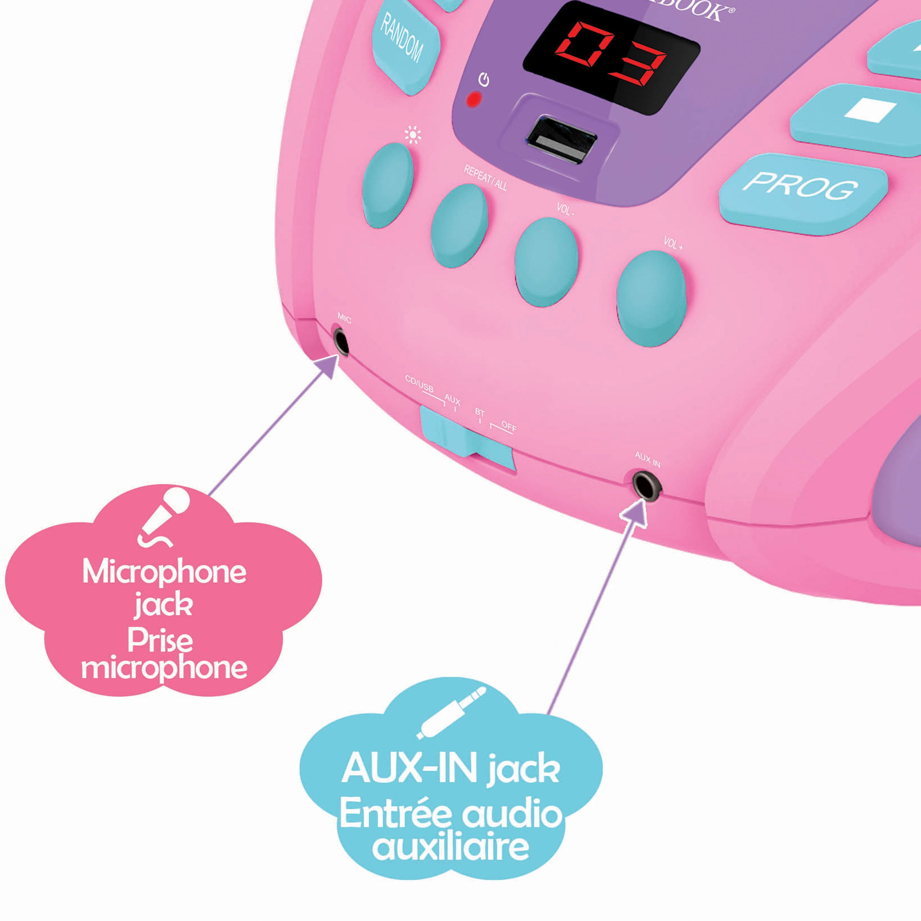 Lexibook Unicorn - Bluetooth CD player for kids – Portable, Multicoloured light effects, Microphone jack, Aux-in jack, AC or battery-operated, Girls, Boys, Pink