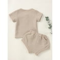 thumbnail image 3 of aturustex Newborn Baby Boy Girl Summer Outfits Solid Color Waffle Knitted Short Sleeve T-Shirt Tops Casual High Waist Tie-Up Triangle Shorts 2Pcs Set, 3 of 9