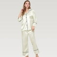 thumbnail image 5 of Women's Satin Pajama Set with Button-Up Long Sleeve Top and Wide Leg Pants with Contrast Trim - Medium, White, 5 of 7