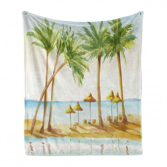 Tropical Soft Flannel Fleece Blanket, Tropical Island Sandy Beach with Palm Trees Paradise Coast Relaxation, Cozy Plush for Indoor and Outdoor Use, 50" x 60", Pale Brown Fern Green, by Ambesonne