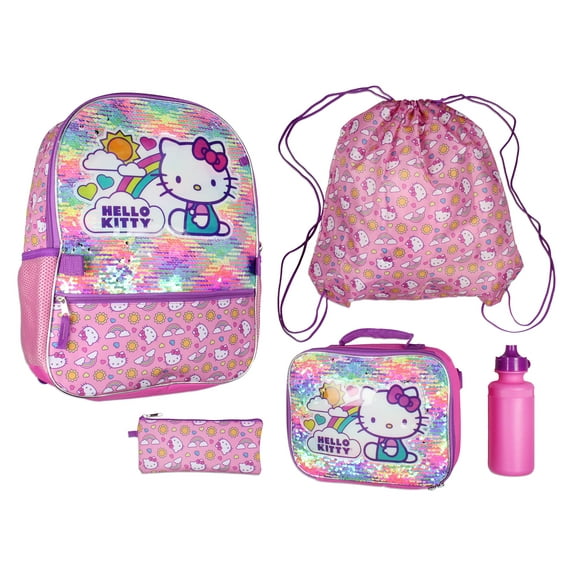 Hello Kitty Travel Backpack Neon Rainbows Magic Sequins 5 Piece Set Lunch Bag Cinch Bag Gadget Case Water Bottle 16"