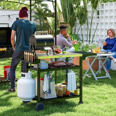 Outsunny Three-Shelf Outdoor Grill Cart with Foldable Side Table, 46" x 21.75" Stainless Steel Pizza Oven Stand, Movable Food Prep Table on Wheels