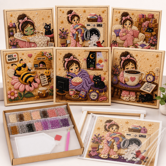 Warm Cute Girl Bead Art Kit with Frame, 3D Rhinestone DIY Wall Decoration for Bedroom, Living Room, Dorm, Office and Cozy Home Decor Gift