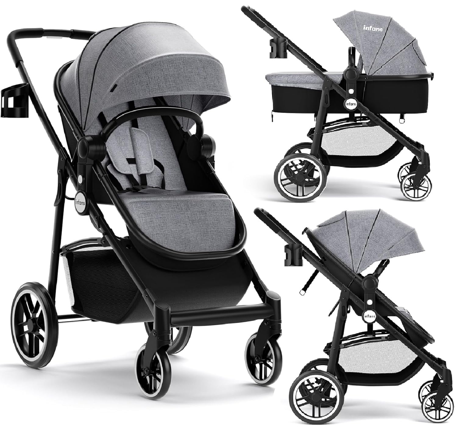 INFANS 2 in 1 Baby Stroller, High Landscape Infant Stroller and Reversible Bassinet Pram, Foldable Pushchair with Adjustable Canopy, Cup Holder, Storage Basket, Suspension Wheels (Gray)
