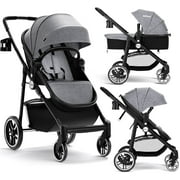 INFANS 2 in 1 Baby Stroller, High Landscape Infant Stroller and Reversible Bassinet Pram, Foldable Pushchair with Adjustable Canopy, Cup Holder, Storage Basket, Suspension Wheels (Gray)