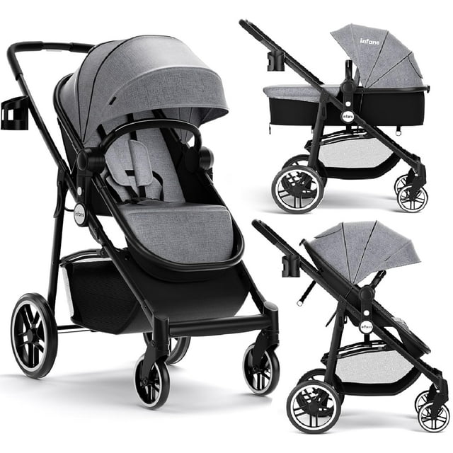 INFANS 2 in 1 Baby Stroller, High Landscape Infant Stroller and Reversible Bassinet Pram, Foldable Pushchair with Adjustable Canopy, Cup Holder, Storage Basket, Suspension Wheels (Gray)