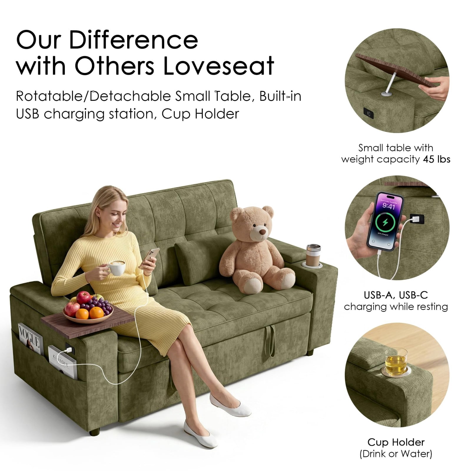 65" Sleeper Sofa Bed, 3 in 1 Convertible Pull Out Couch with Chenille Fabric, USB Ports, Storage Arms, Adjustable Backrest for Apartment Living Room, Green