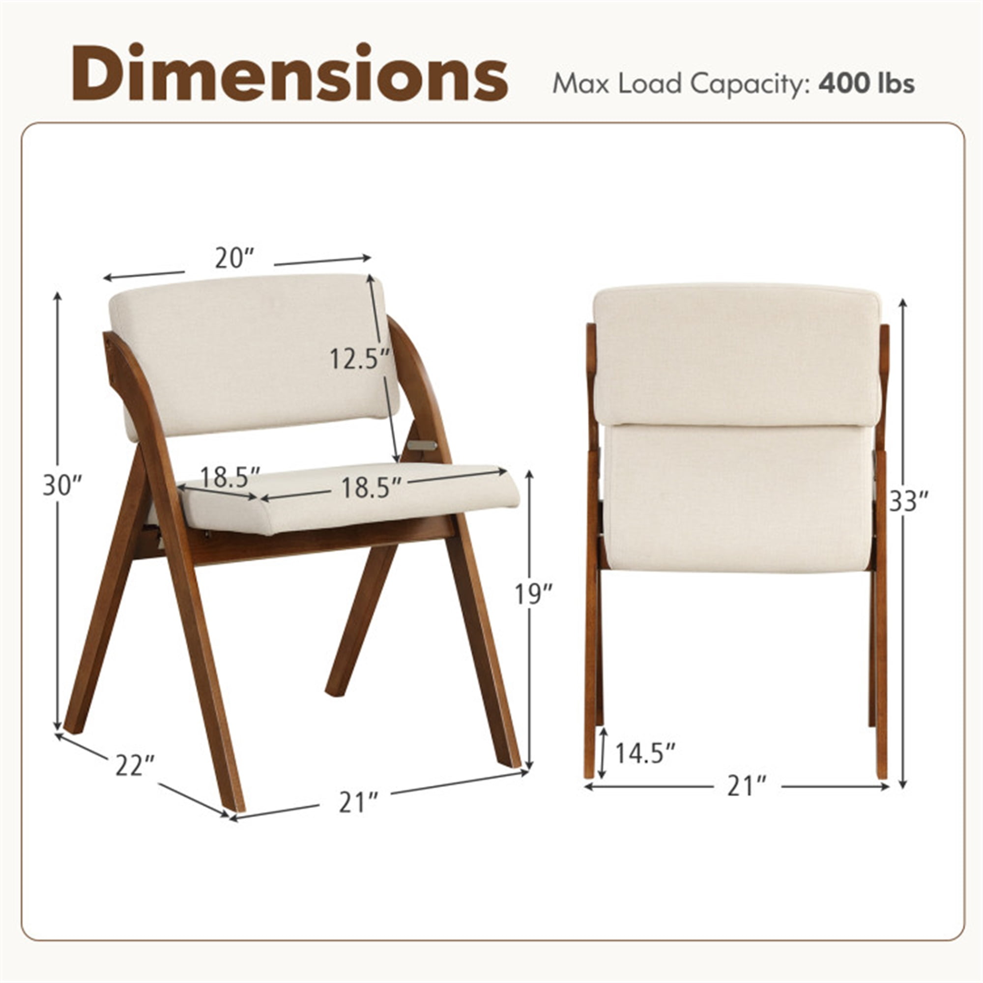 Demi Bonn Set of 2 Folding Kitchen Dining Chairs with Rubber Wood Legs and Backrest, Brown