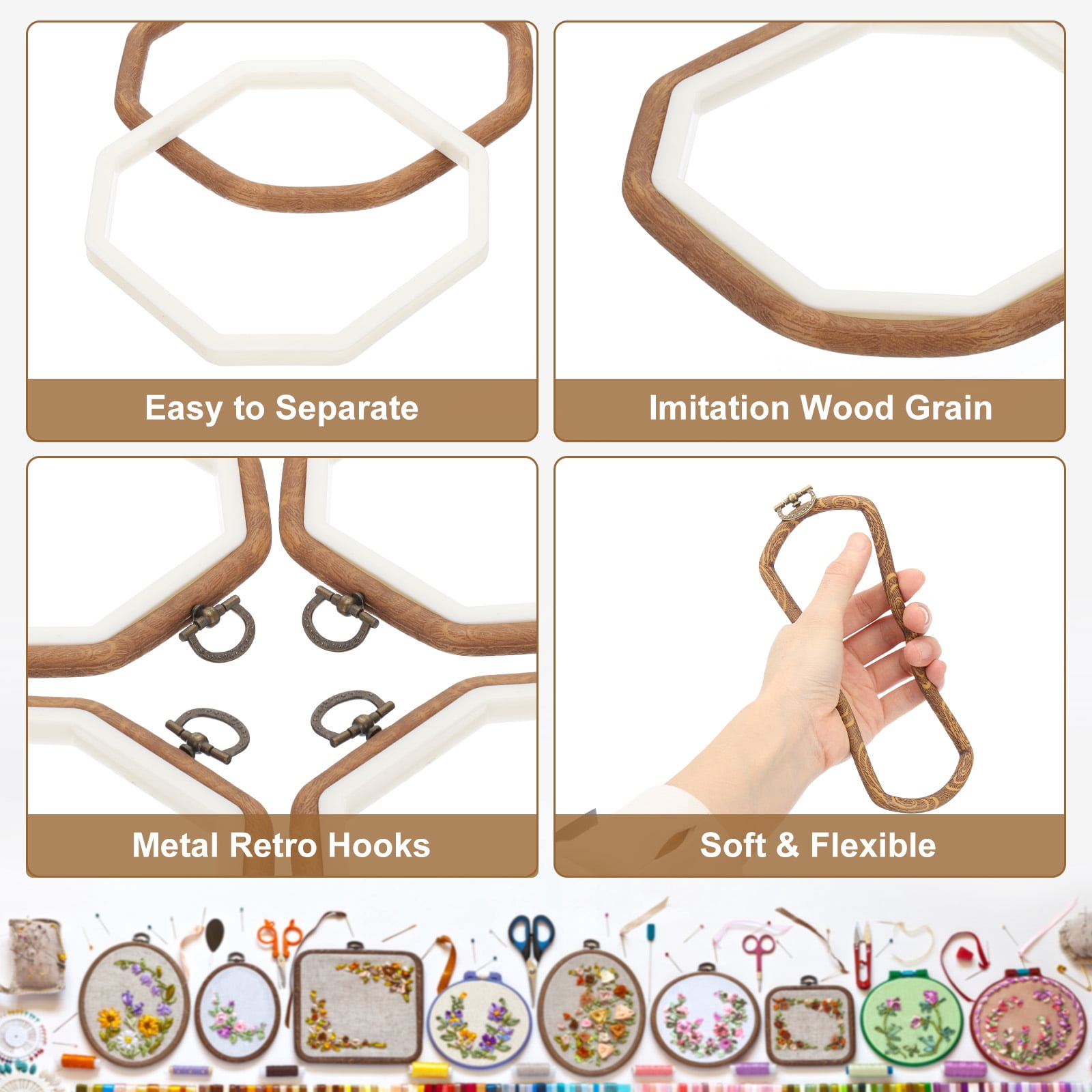 Uxcell 10 Pieces 4.3"x4.3" Embroidery Hoops Frame Imitated Wood Octagonal Cross Stitch Hoop Ring for Embroidery Art Craft Handy Sewing Decoration