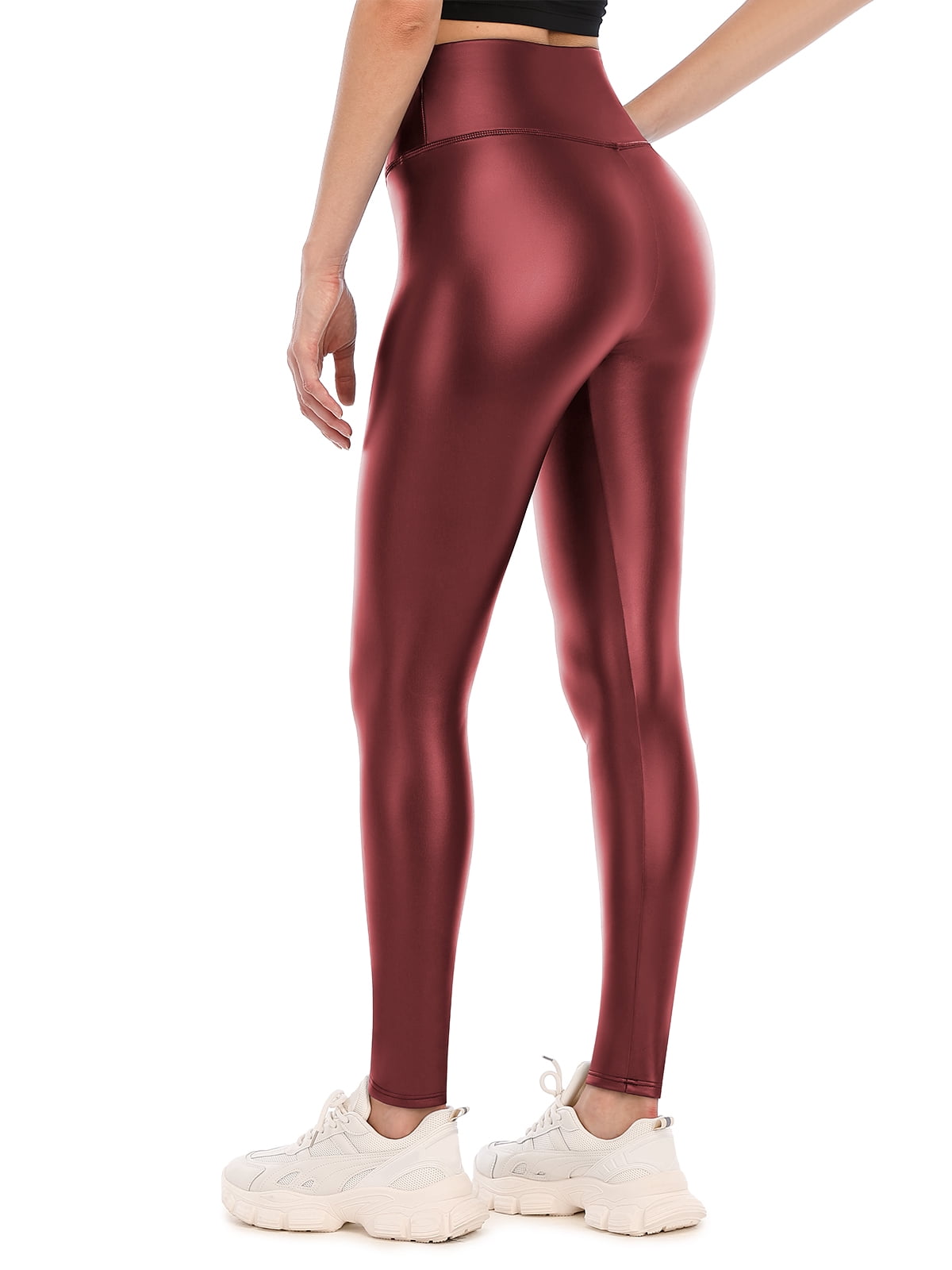Women's Fleece Lined Leggings Faux Leather Thermal Warm Yoga Pants with Pockets