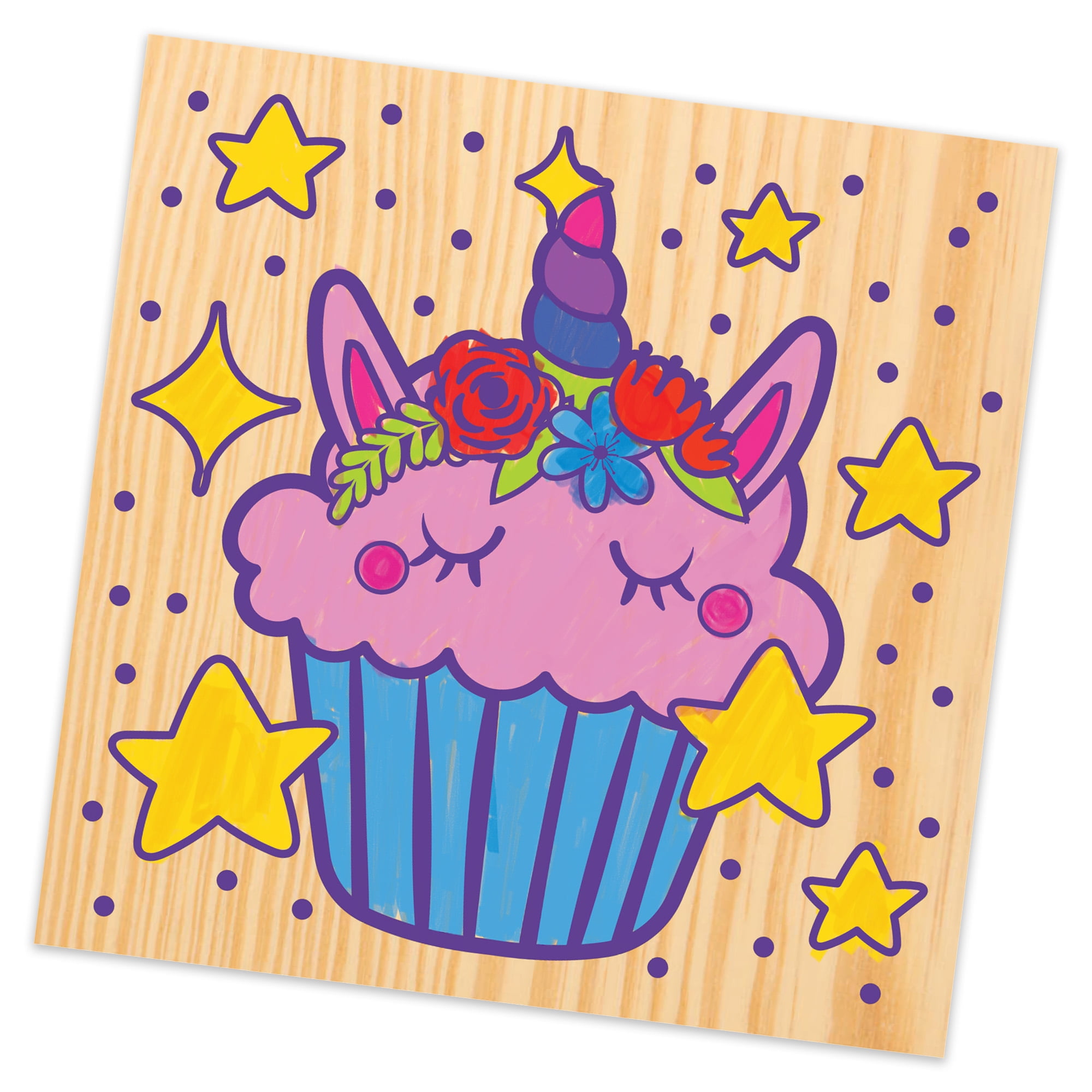 Hello Hobby Wood Art Board Painting Kit, Purple Unicorn Cupcake Design, 6 Acrylic Paints, Boys and Girls, Child, Ages 5+