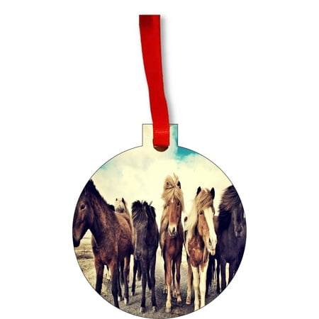 Woodsy Christmas Decor Horse Ornaments Christmas Horse Trail Rustic Woodsy Style Round Shaped Flat Hardboard Christmas Ornament Tree Decoration - Unique Modern Novelty Tree Décor Favors ()