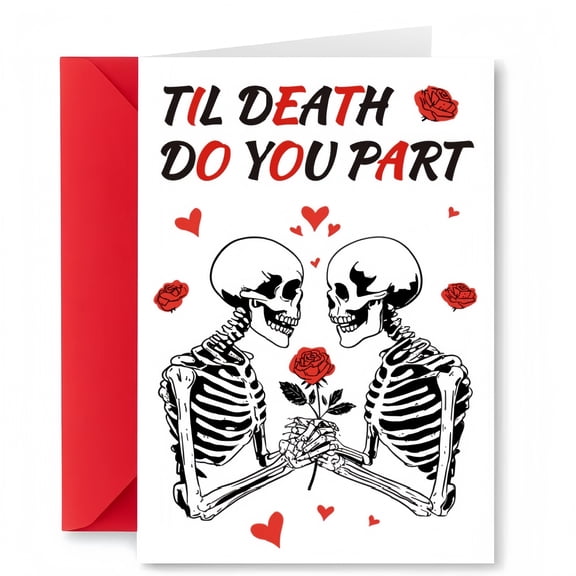 Valentine’s Day Card for Him or Her, Gothic Skeleton Couple with Red Roses, “Til Death Do You Part” Romantic Card with Envelope