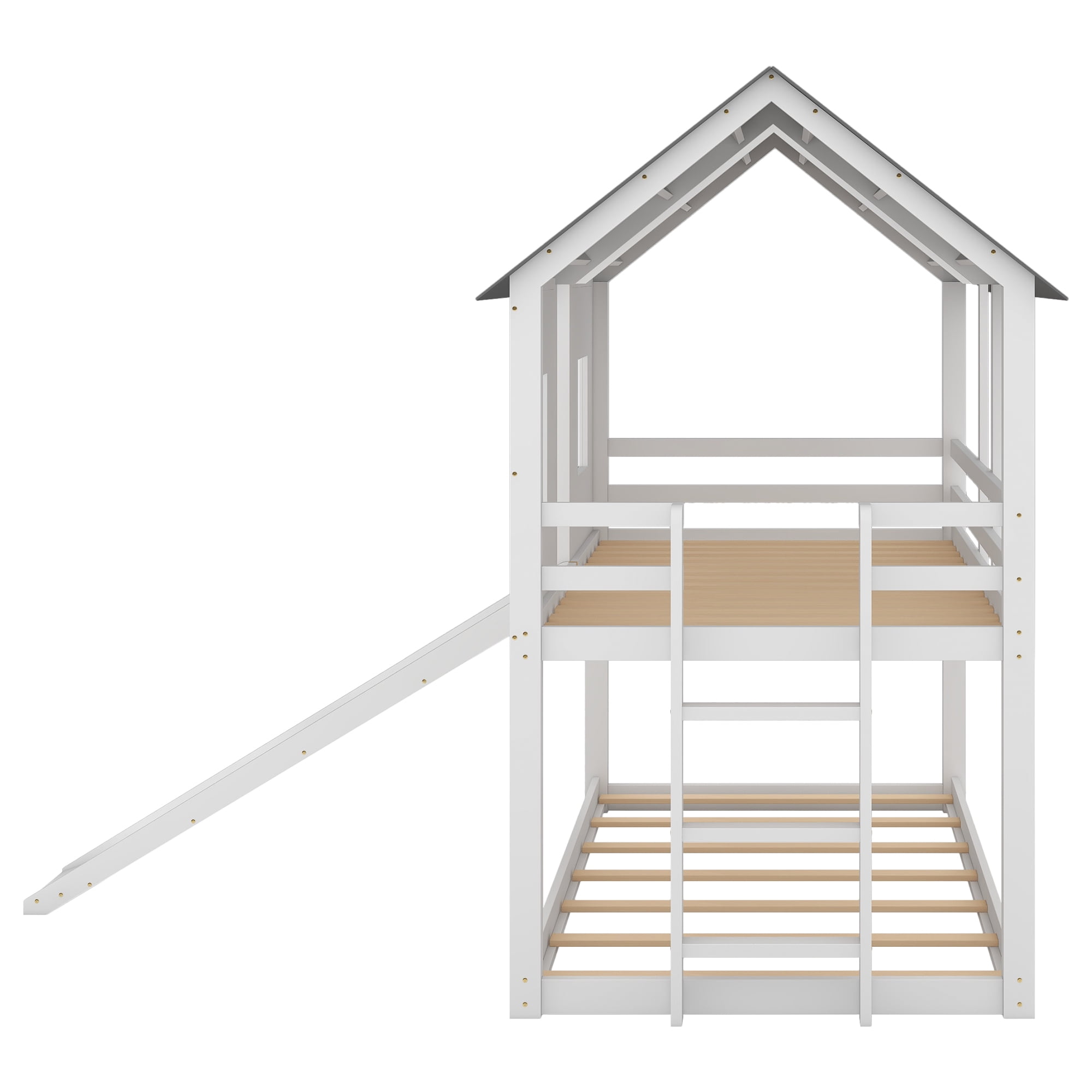 Euroco House-Shaped Twin over Twin Bunk Bed with Roof and Windows for Kids Teens Bedroom, White