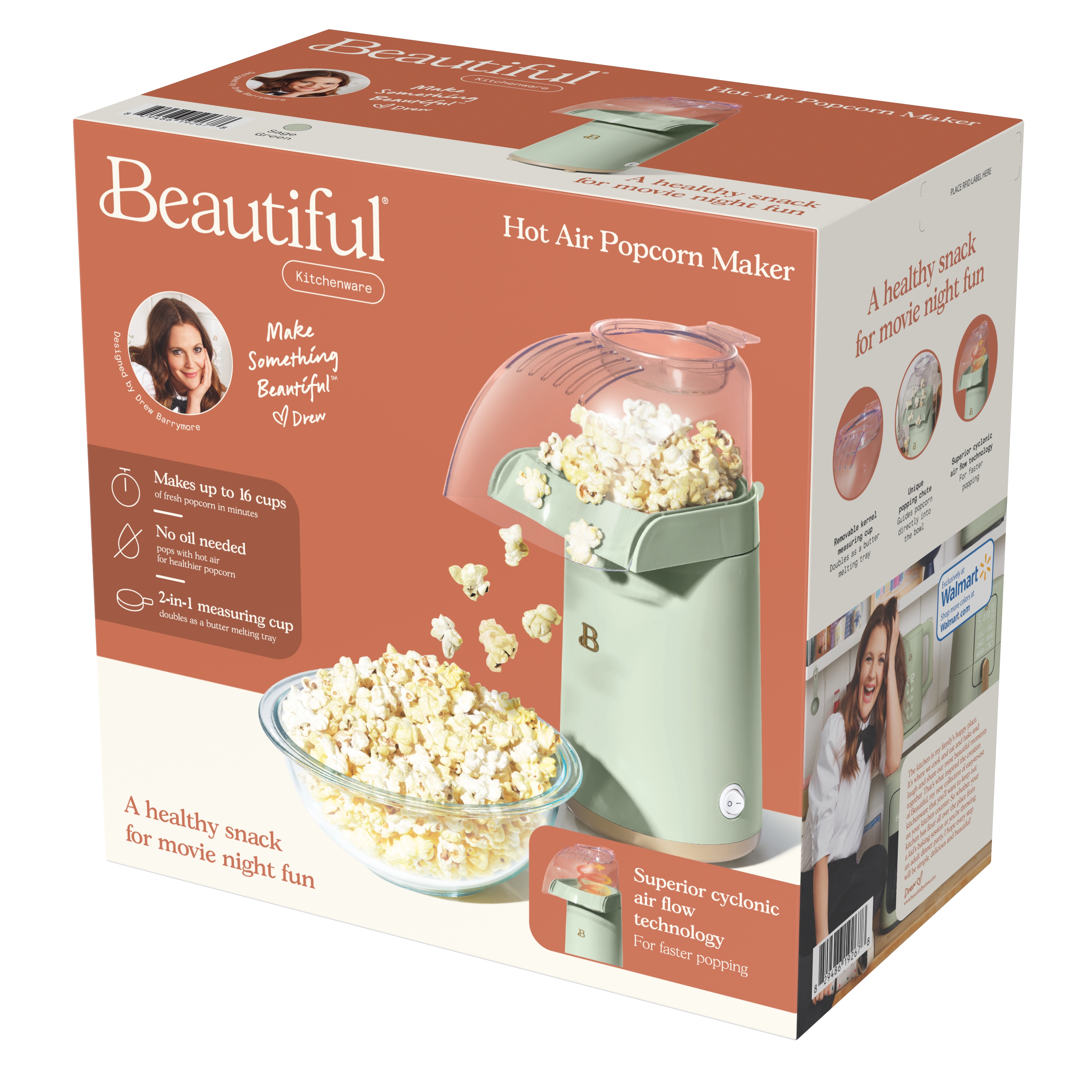 Beautiful 16 Cup Hot Air Electric Popcorn Maker, Sage Green by Drew Barrymore - image 13 of 13