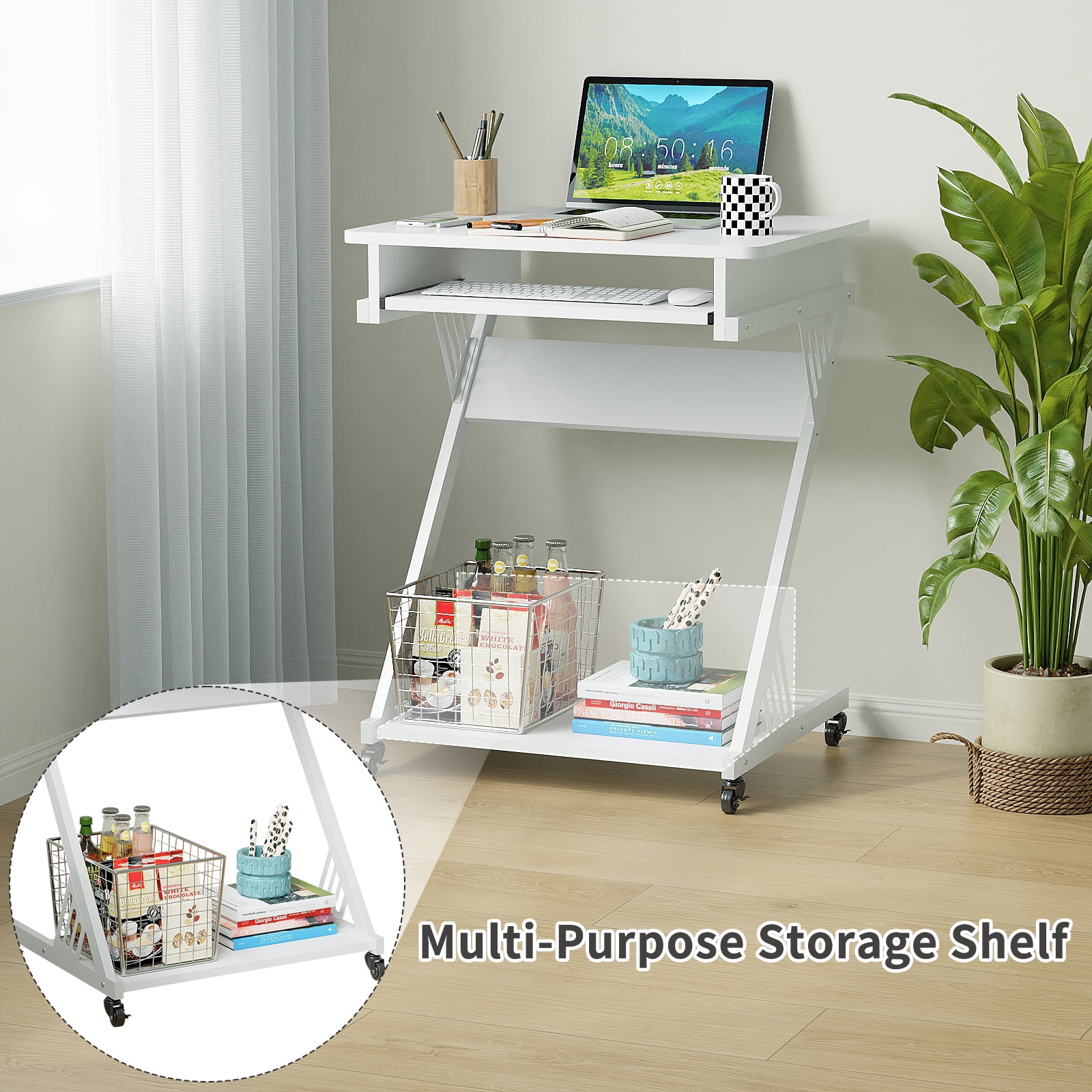 Zenira 2 Tiers Rolling Computer Desk with Keyboard Tray and Printer Shelf for Home Office, Mobile Computer Desk for Small Space, Retro Computer Table Compact PC Laptop Workstation, White