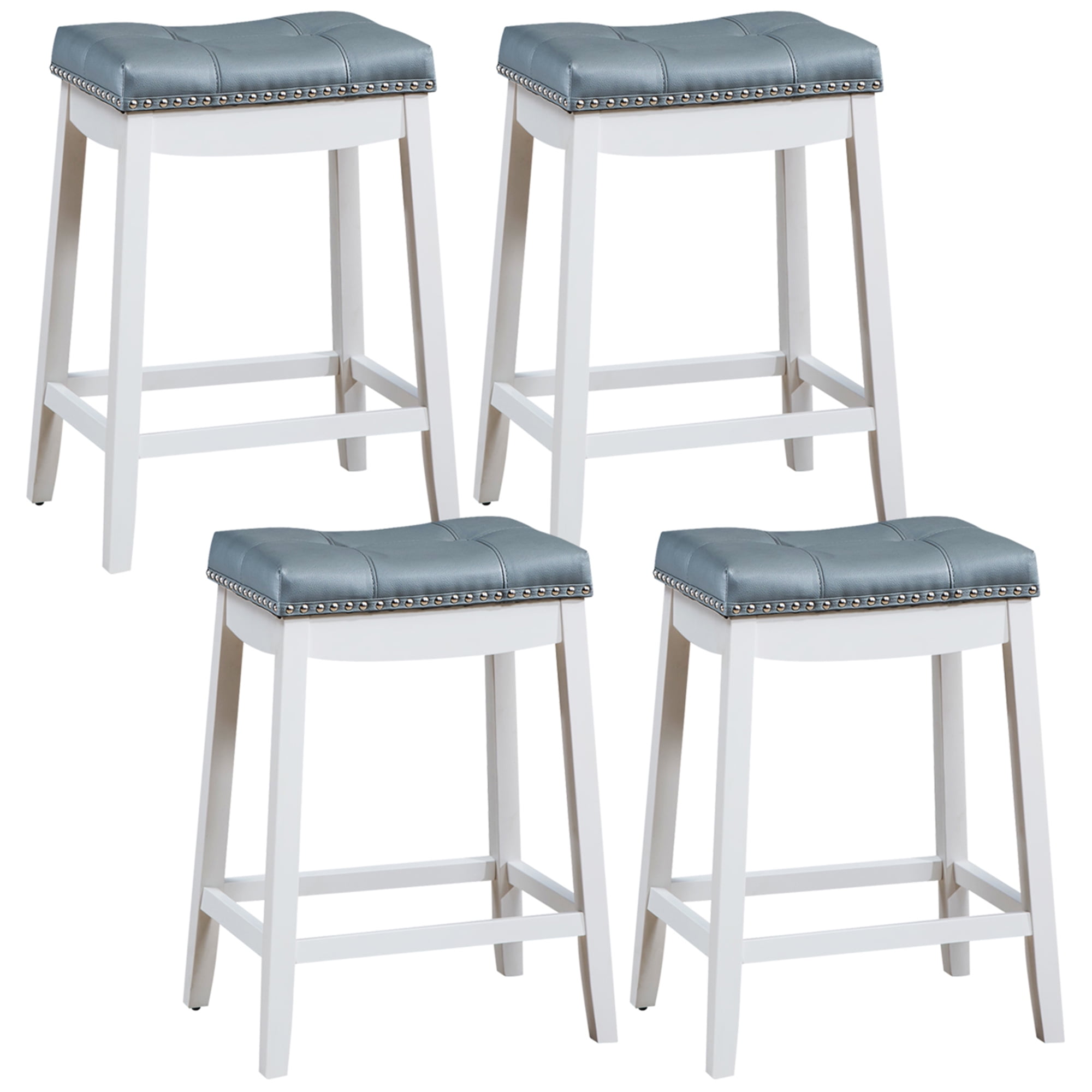 Set of 4 Saddle Bar Stools Backless Nailhead Counter Stool with Grey