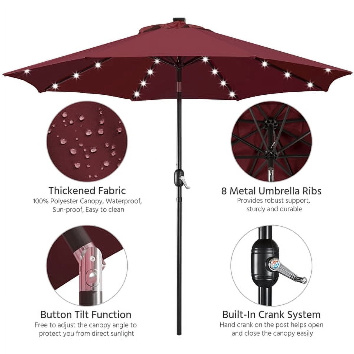 Renwick 9ft Outdoor Market Patio Umbrella with 32 LED Lights, Burgundy