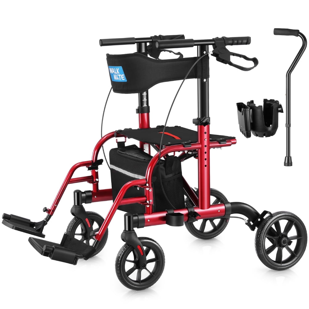WalkMate 2 in 1 Rollator Transport Chair, 10'' Wheels Medical Rollator