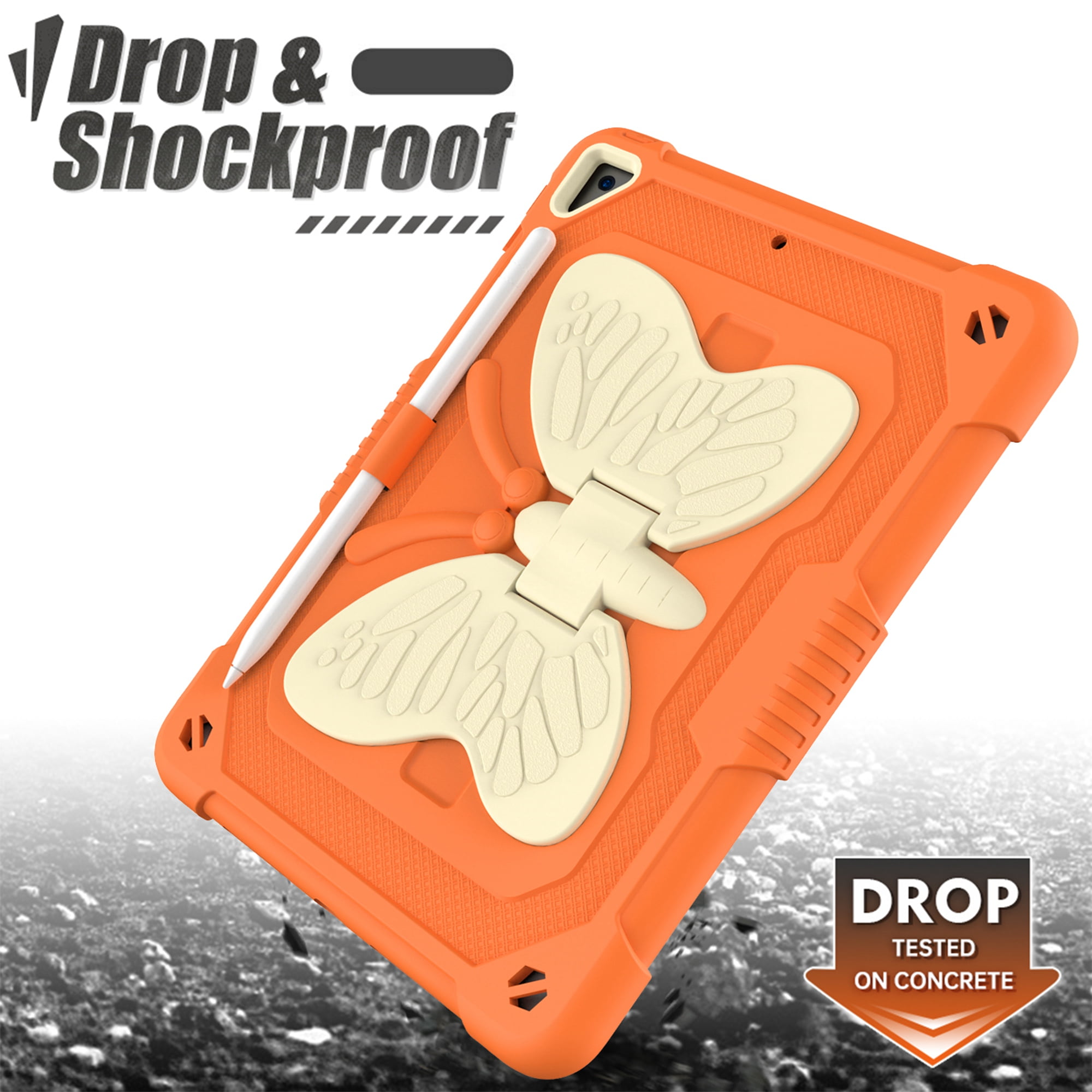 Dteck for iPad 6th 5th Generation Case with Kickstand Butterfly Wings Pencil Holder, Heavy Duty Hard Rugged Protective Cover Kids Girls for 9.7 inch iPad 6th/5th Gen/Air 2,Orange + Beige