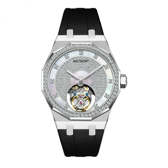 AESOP Flying Tourbillon Skeleton Diamond Dial Mechanical Hand Wind Wrist Watch Men Sapphire Crystal Business Double-sided Hollow Waterproof Clock Man Luminous Steel Rubber Wristwatch