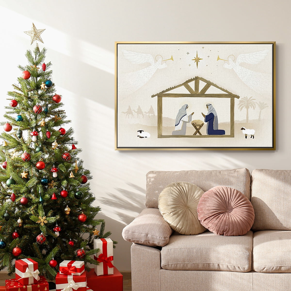 Away in a Manger Collection A - Framed Gallery Wrapped Holiday Canvas - 17 x 25 - Gold Frame