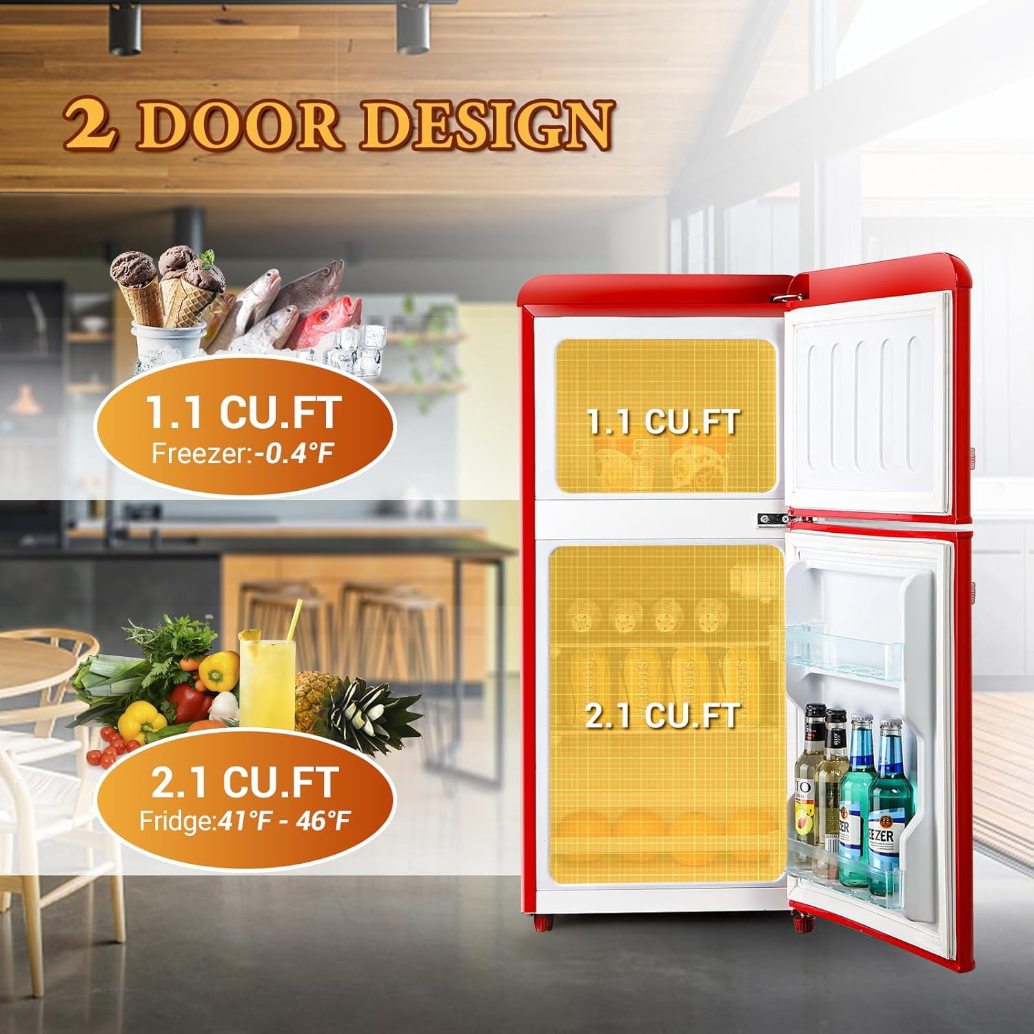 Kcpolre Retro Mini Fridge, 3.0 Cu. ft. Small Refrigerator with Freezer Retro Style with 7-Level Adjustable Thermostat, Compact Vintage 2-Door Fridge for Home, Apartments, Dorm, Office, Red
