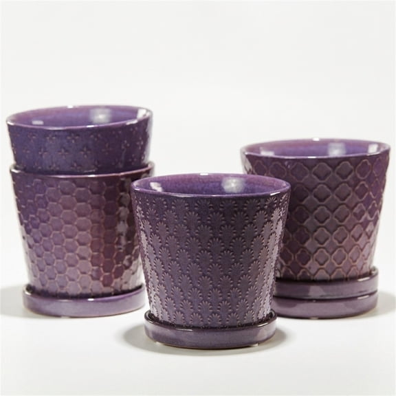 BUYMAX 5 inch Purple Ceramic Plant Pots with Drainage Holes & Saucers, 4-Pack for Herbs, Cactus, Succulents, Home Office Decor