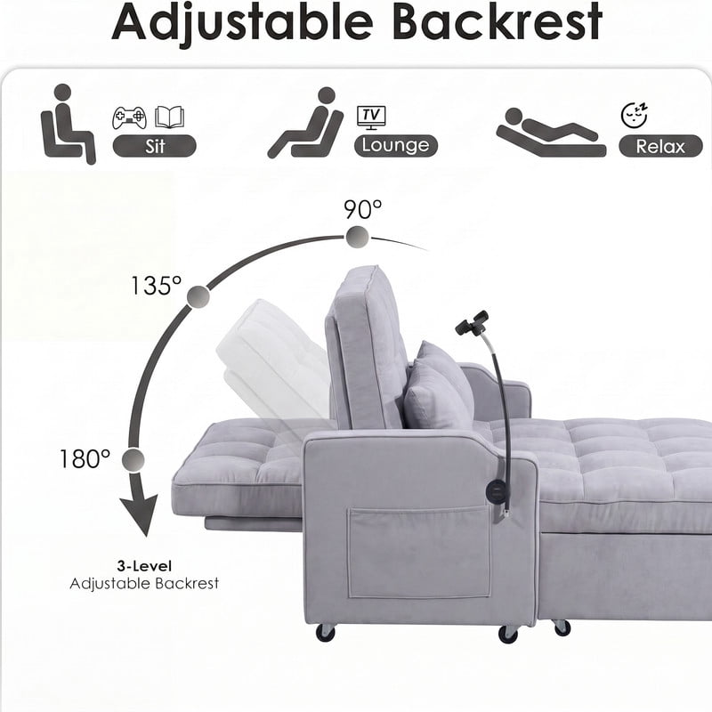 Gewnee 53" Sofa Bed, 3 in 1 Convertible Sleeper Sofa, Velvet Pull Out Couch Bed with USB Ports, Phone Holder & Side Storage Pockets, Adjustable Loveseat Sofa Bed for Living Room, Gray