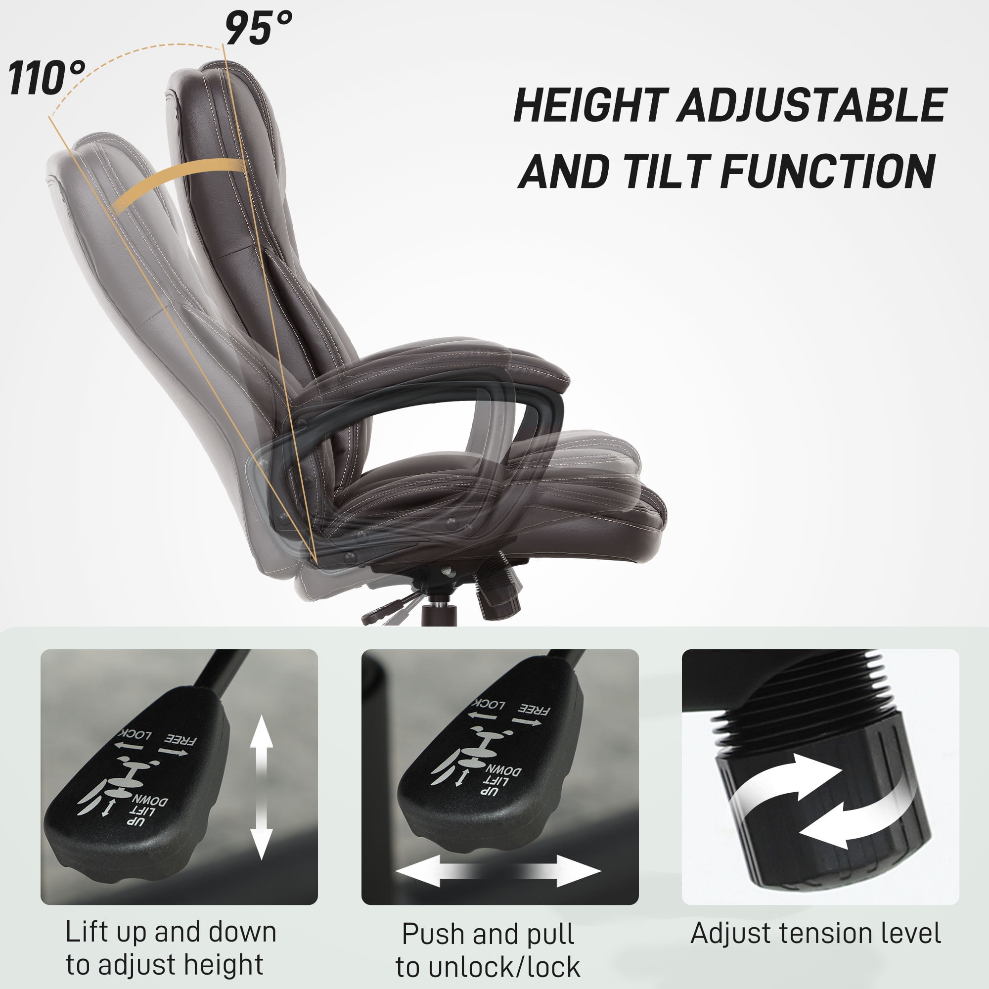 HOMCOM High Back Executive Office Chair, PU Leather Computer Desk Chair with Adjustable Height, Padded Armrests and Swivel Wheels, Brown