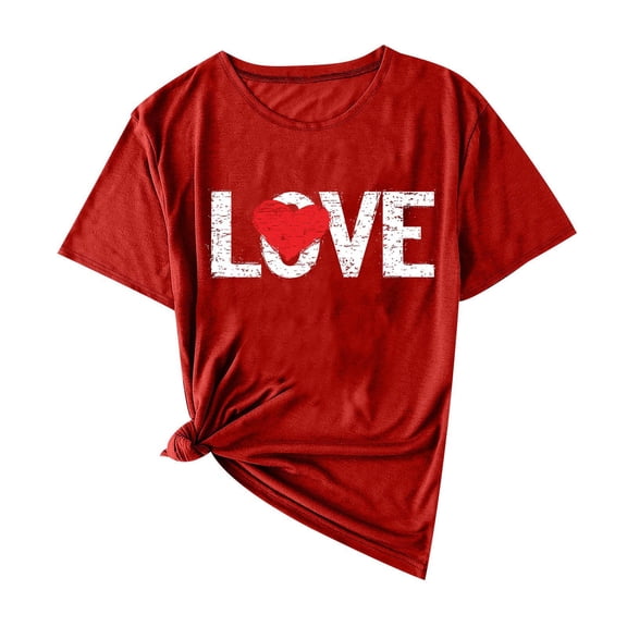 Giftesty Women's Valentine's Day Print Round Neck Short Sleeve Fashion Casual Loose Fit T-Shirt Top for Daily Dating Wear