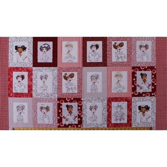 23.75" X 44" Panel Nifty Nurses Nursing Cartoon-Look Women Portraits Medical Supplies Hats Red White Lilac Cotton Fabric Panel (691-797-B)