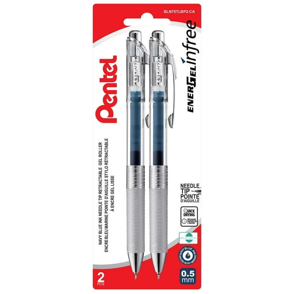 EnerGel Infree Rétractable Stylo à Encre Gel, (0,5mm) Point Aiguille, Encre Bleue Marin, 2PC Paque