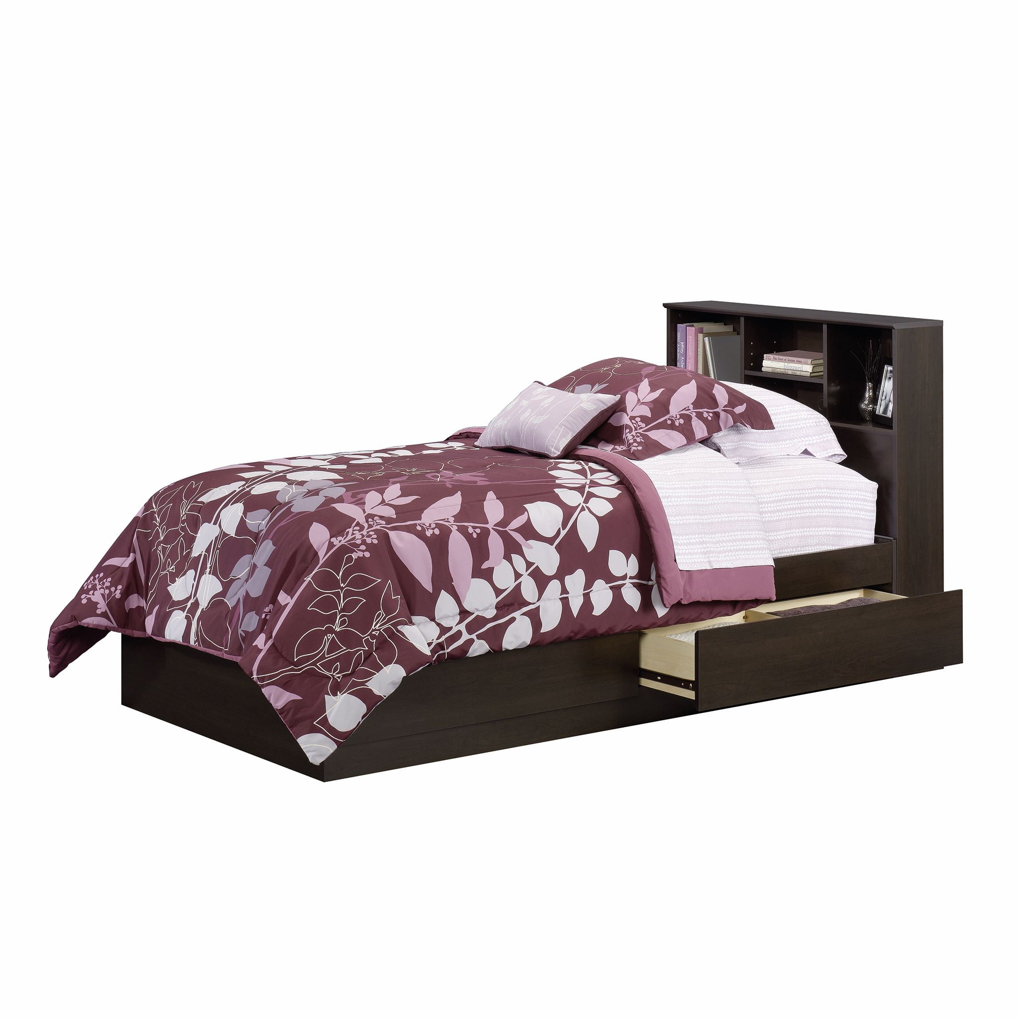 Your Zone Easy to Assemble Storage Bed with Bookcase Headboard, Twin, Espresso Finish
