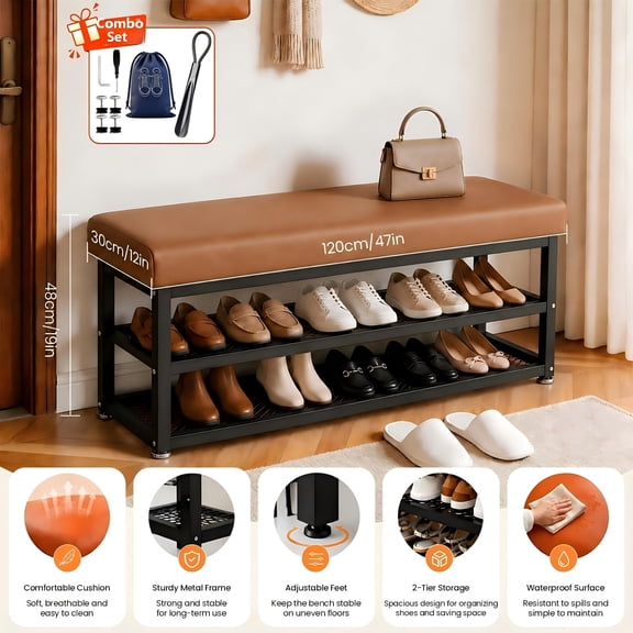 47.24inch shoe bench with comfortable seat cushion, double-layer storage rack, durable metal bracket, suitable for multifunctional storage furniture in family