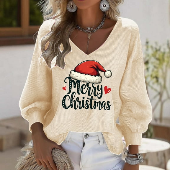 Qulqfy Christmas Tshirts Women V Neck Beige Xmas Waffle Knit Plus Size 3/4 Sleeve Party Graphic Tops Christmas Shirt for Women
