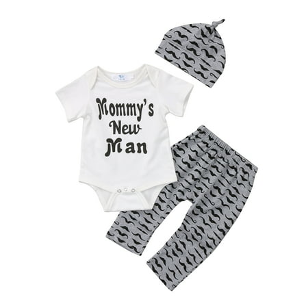 

Fanvereka Newborn Baby Boy Romper Tops Mommy s New Man + Moustache Pants+Hat 3Pcs Set