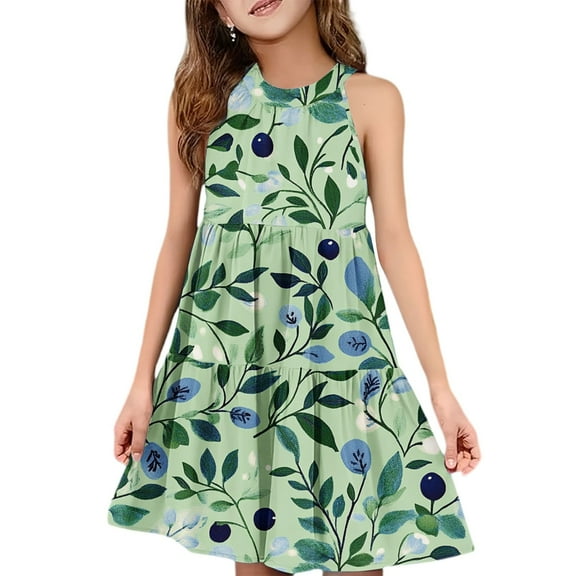 Abcomgle Girls Summer Dress Size 14-16 Casual Halter Neck Sleeveless Midi Dress Floral Print A-line Sundresses Loose Swing Skirt 9-10 Years,Army Green
