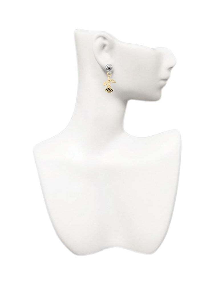 Goldtone Stemmed Rose Clear Crystal Clip On Earrings