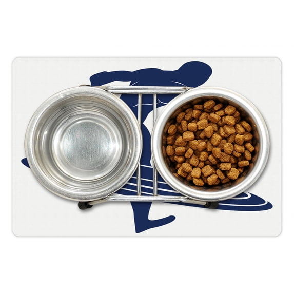 Superhero Pet Mat for Food and Water, Muscle Man Hero Throws His Frisbee Muscular Silhouette Disc Sports Theme, Non-Slip Rubber Mat for Dogs and Cats, 18" X 12", by Ambesonne