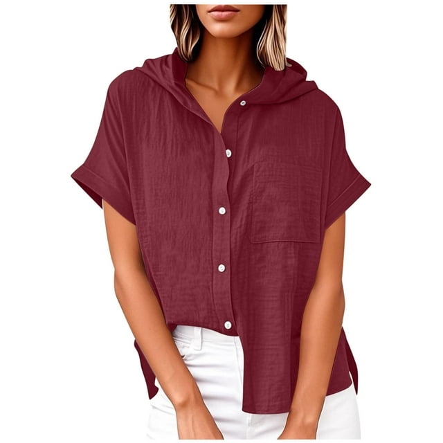 Vestidos Casuales Para Mujer, Blusas De Mujer De Moda Blusa de lino con cuello en V y manga corta para mujer, estilo túnica de verano con capucha y botones sueltos