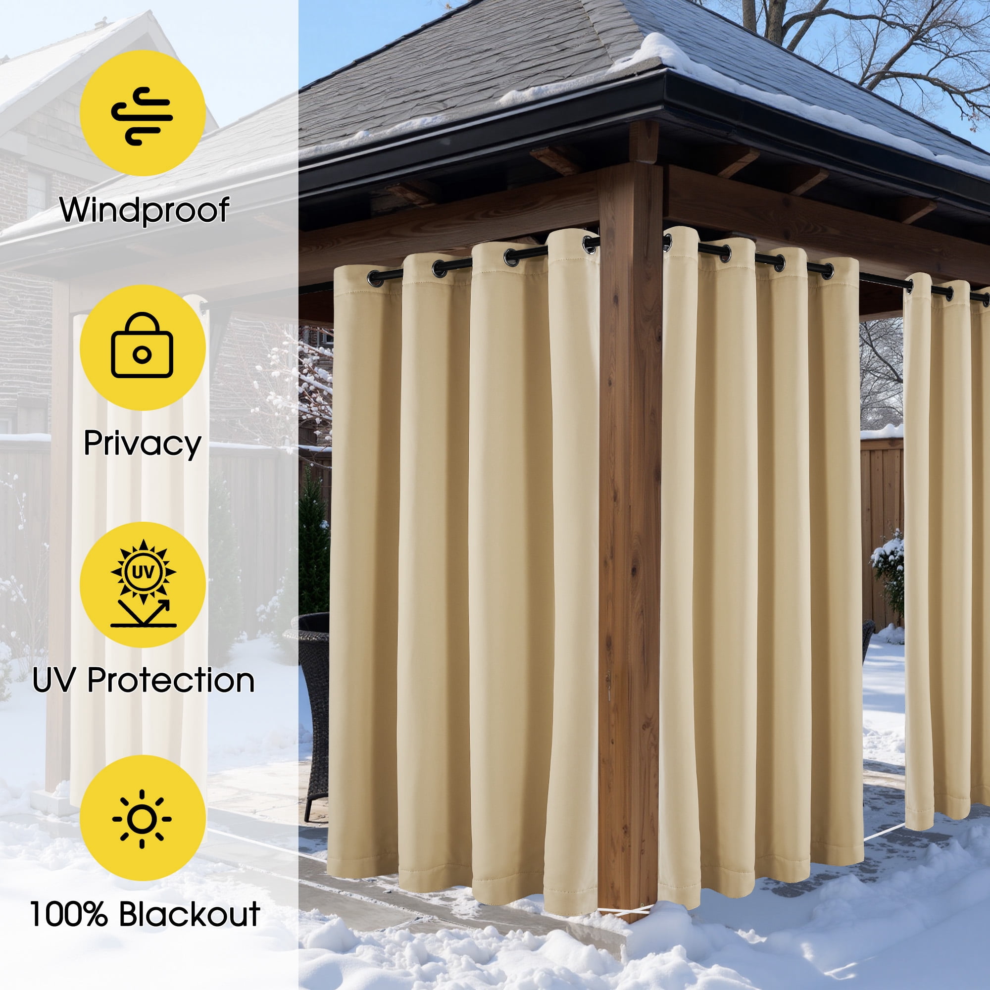 NICETOWN Thermal Insulated Outdoor Curtain for Patio, Windproof Top Grommet & Bottom Backtab Quilted Waterproof Curtain for Porch, Biscotti Beige, W52 x L84, 1 Panel