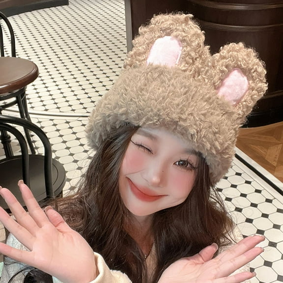 Naierhg Knitted Hat Fluffy Rabbit Ears Stylish Warm Winter Thickened Lovely Sweet Beanie Hat Women Accessories for Winter Khaki