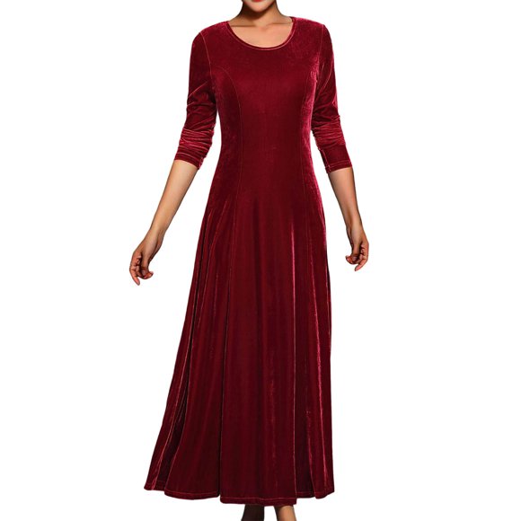 Enjoytime Maxi Dresses for Women Solid Color Crewneck Long Sleeve Party Dress Fashion Velvet Elegant Dresses Red XL