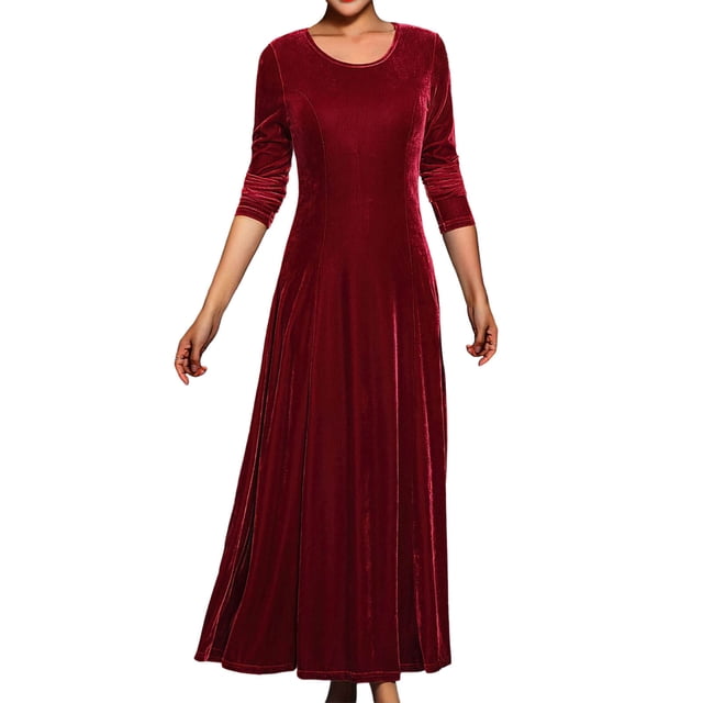 Enjoytime Robes Maxi pour Femmes Couleur Unie Col Ras du Cou Manches Longues Robe de Soirée Mode Velours Robes Élégantes Rouge TG